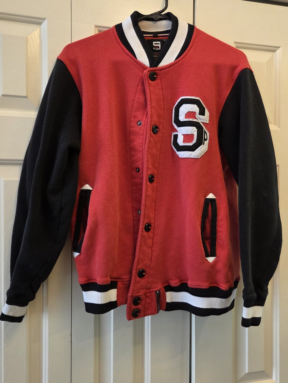 Y2K South Pole Red and Black Varsity-Style Jacket with Sp Patch